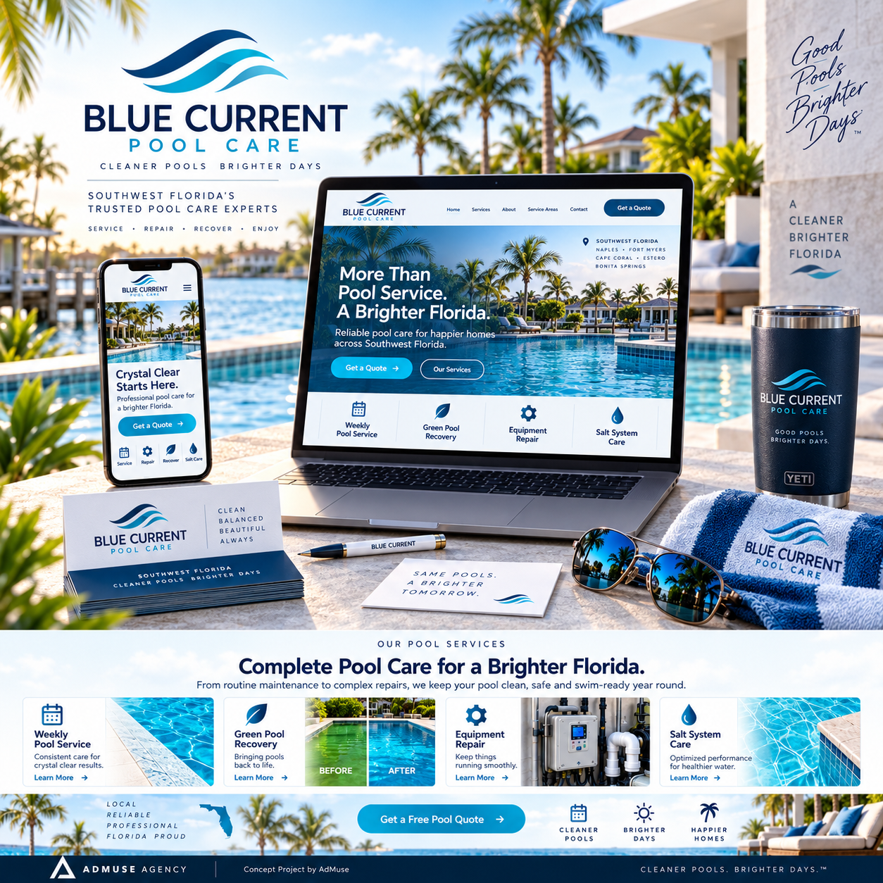 Blue Current Pool Care complete brand and website concept by AdMuse Agency