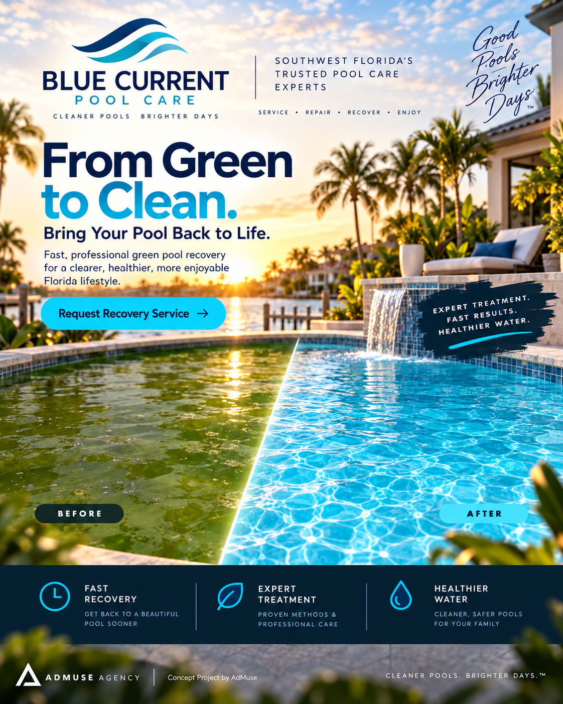Blue Current Pool Care desktop website concept by AdMuse Agency