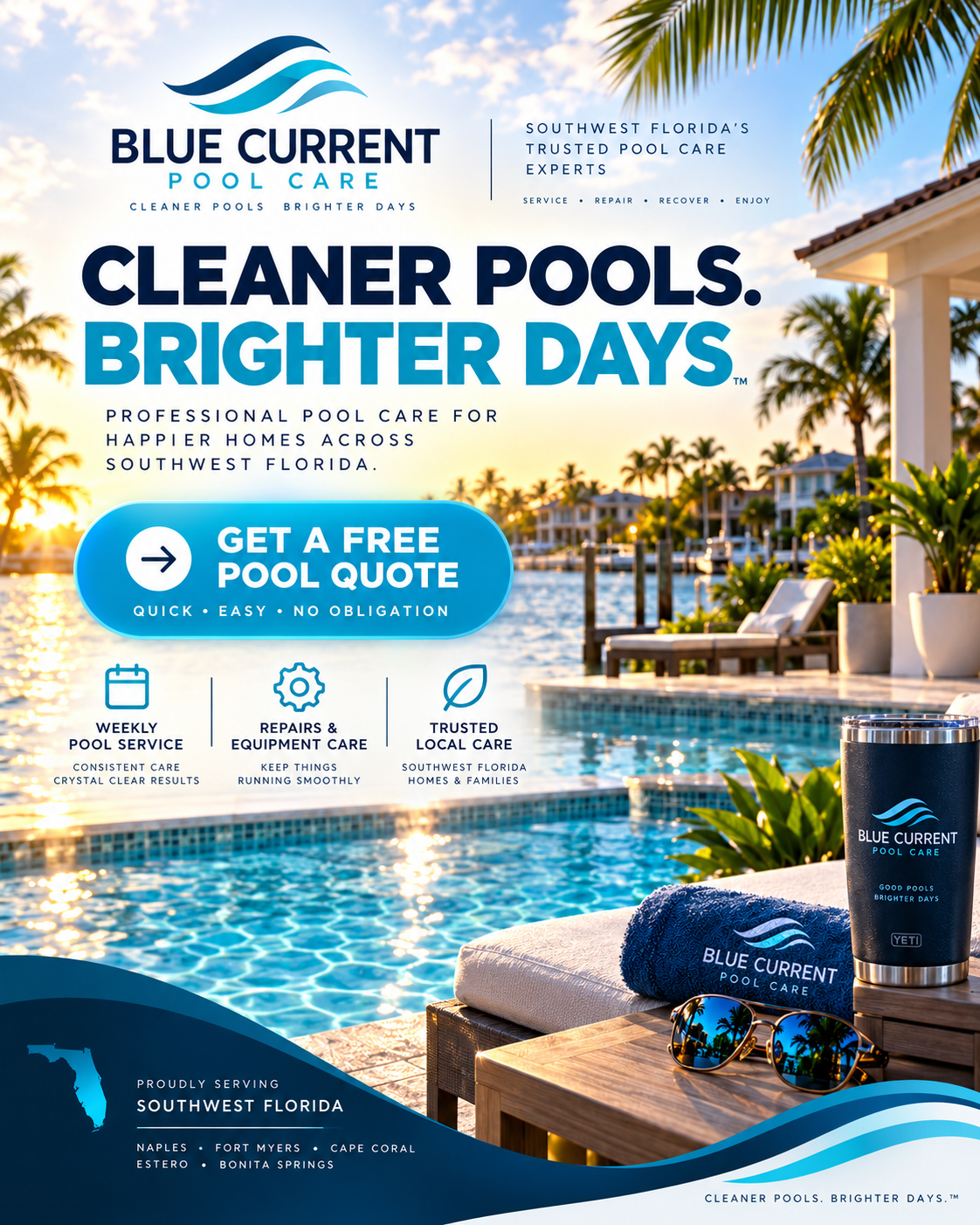 Blue Current Pool Care social media and brand system concept
