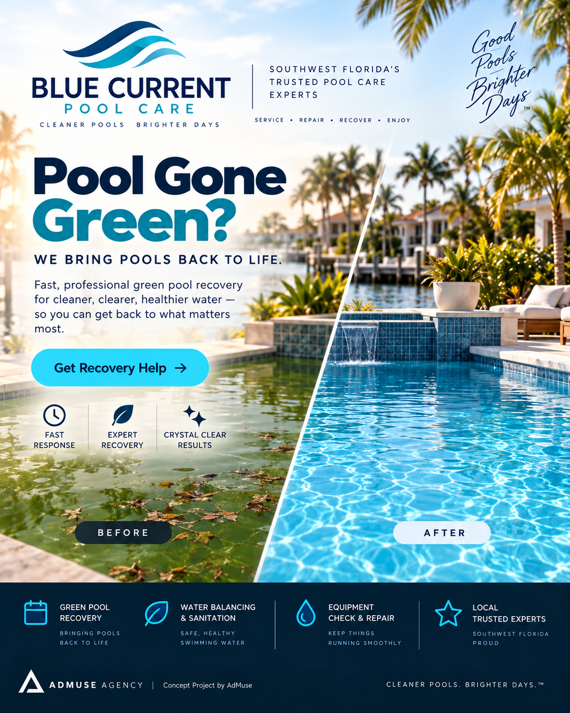 Blue Current Pool Care paid media campaign creative concept by AdMuse Agency