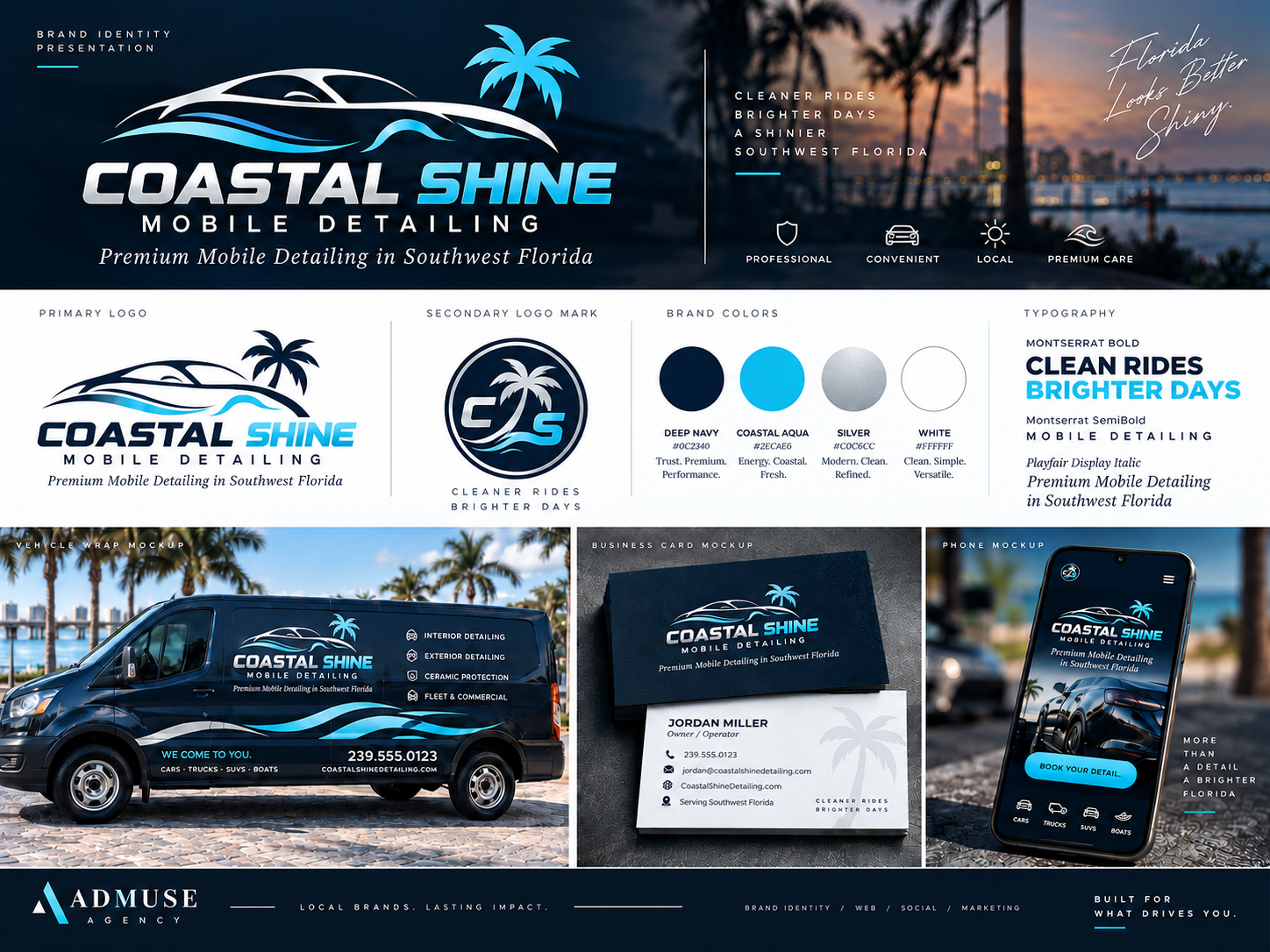 Coastal Shine logo, color palette, typography and brand identity system