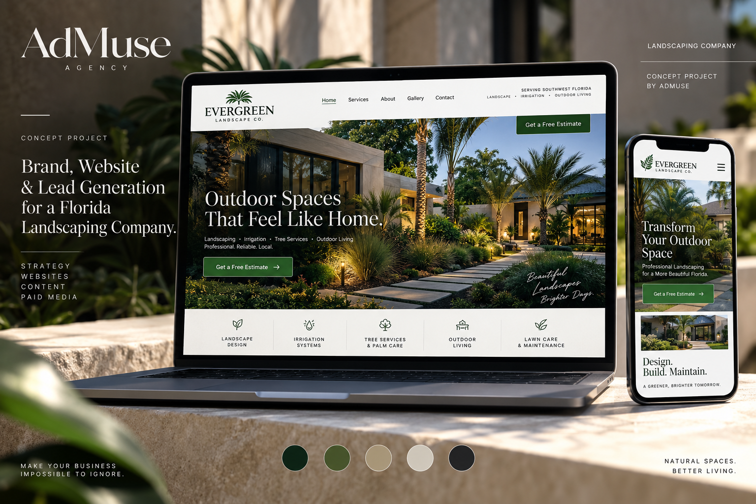 Evergreen landscaping concept website shown on desktop and mobile