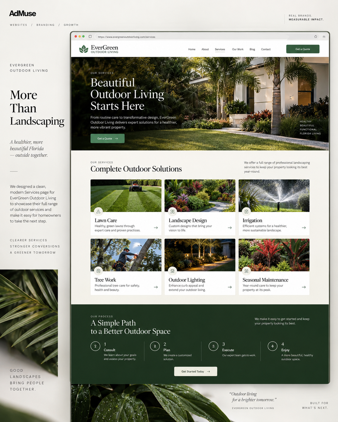 Evergreen landscaping services website concept by AdMuse Agency
