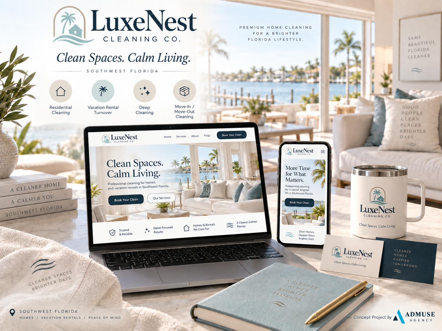 LuxeNest Cleaning Co logo palette typography and brand identity system