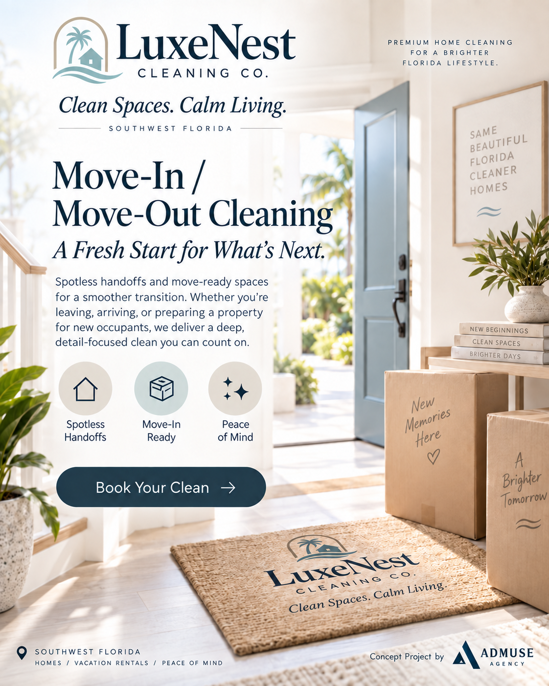 LuxeNest Cleaning Co social media and content system concept by AdMuse Agency