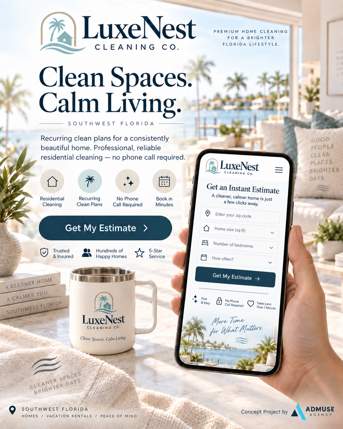 LuxeNest Cleaning Co complete branding website and content concept by AdMuse Agency